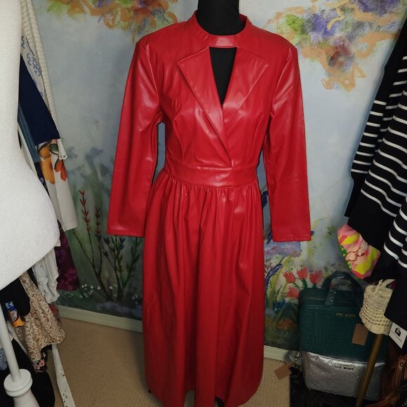 StyleWe Red Faux Leather Long Sleeve Midi Dress With Keyhole Neckline - Picture 1 of 10